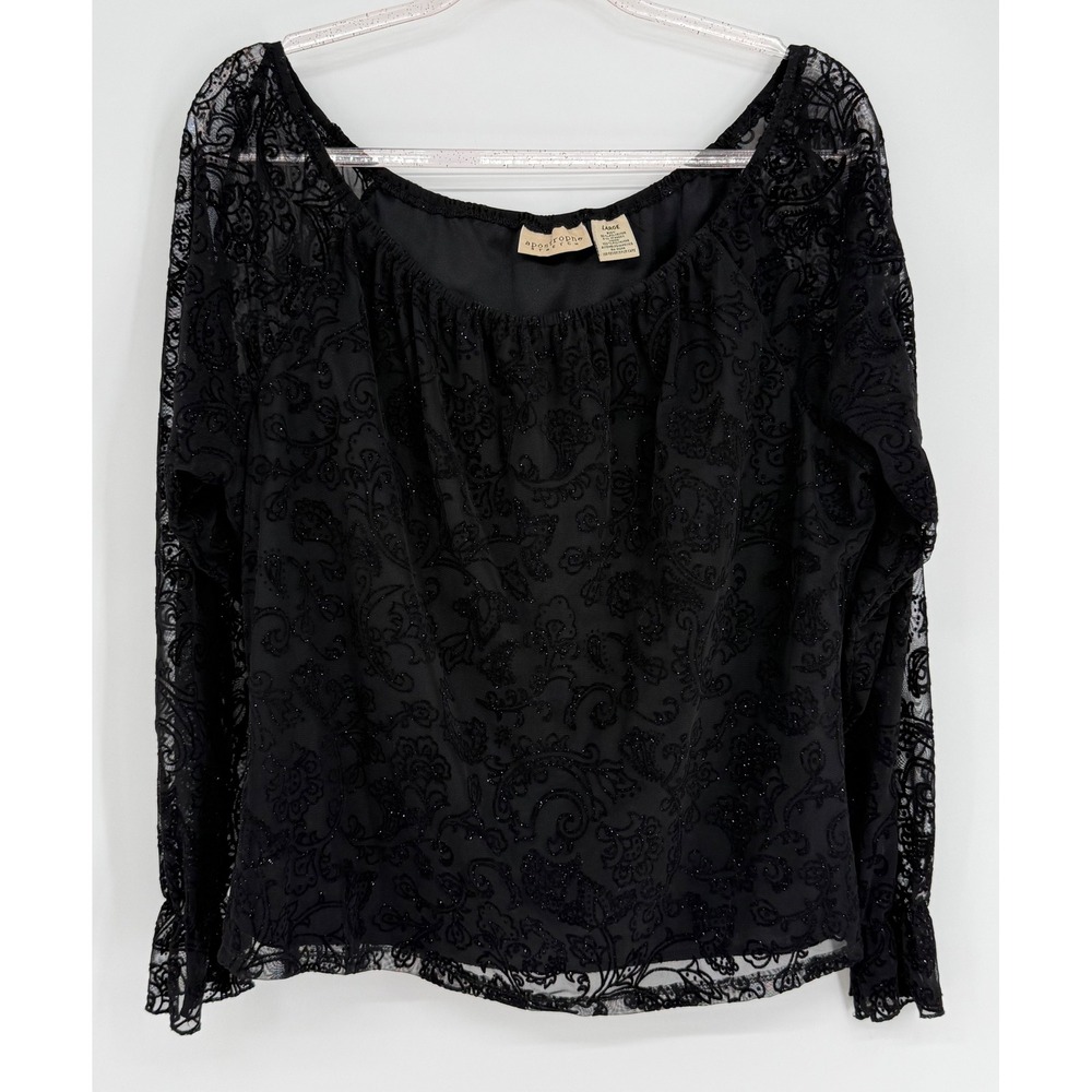 Apostrophe Stretch Black Glitter Flocked Mesh Blouse Ruffle Cuff Sz L